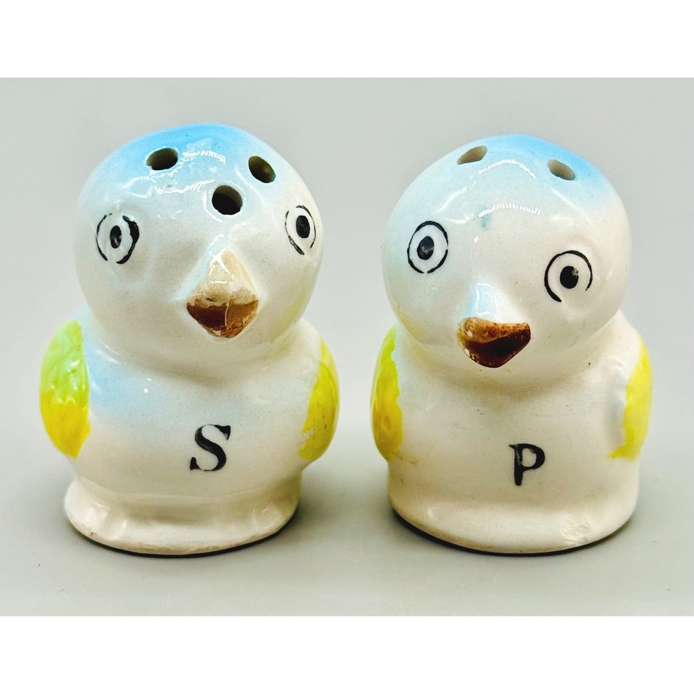 Japan Ceramic Bird Salt Pepper Shakers Blue Yellow Hand Painted Japan Vintage